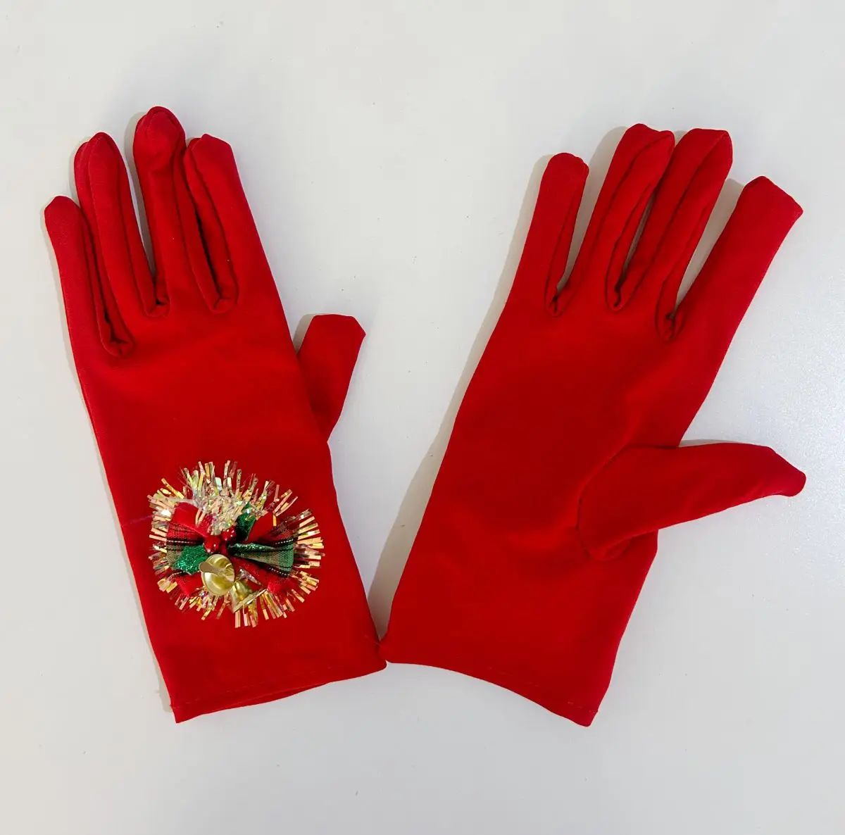 Gloves Christmas Red Shiny Bow Bell Holiday Party Stage Costume Decoration Accessory Chic Lightweight Fabric Medium