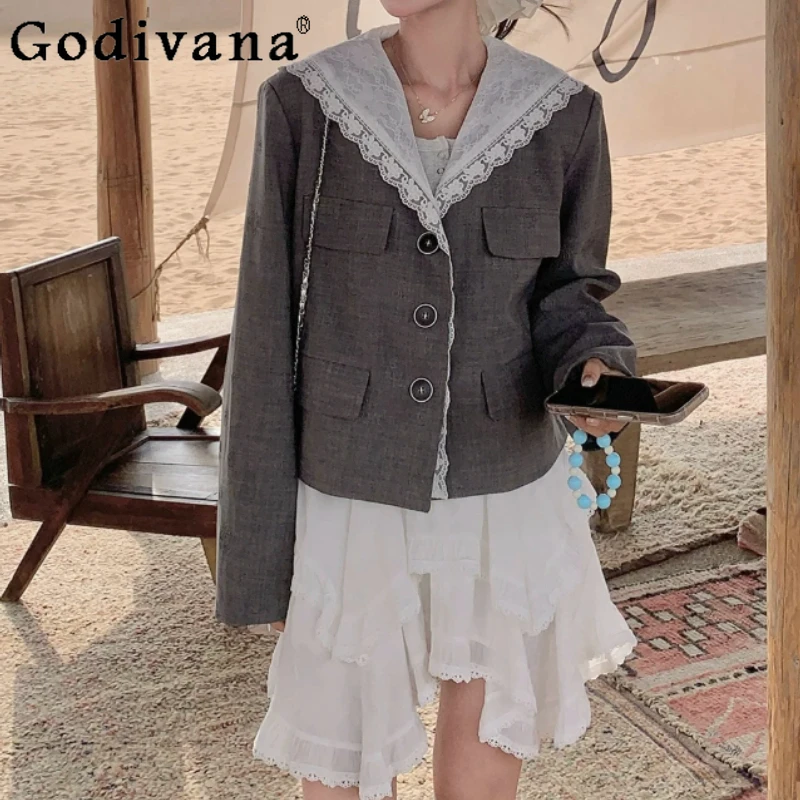 Women Spring Autumn New Sweet Lace Splicing Navy Collar Gray Short Coat Fashion Loose Age-reducing Long sleeve Korean Tops
