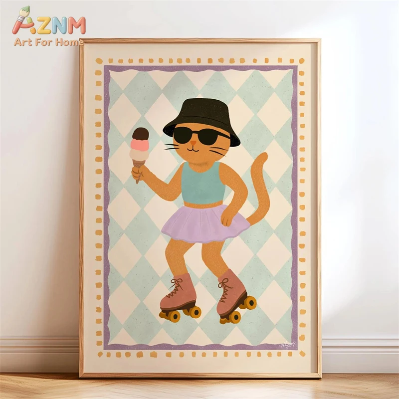 AZNM Retro Groovy Cute Animal Canvas Wall Art, Funky Cat Dog Zebra Print Unframed Painting, Boho Nursery Kids Room Wall Decor, C view 3