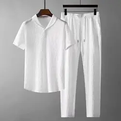 New Summer Chinese Style Sets Men Short Sleeve Shirt + Pants 2 Piece Set Men's Sports Solid color Suit Breathable Tracksuit