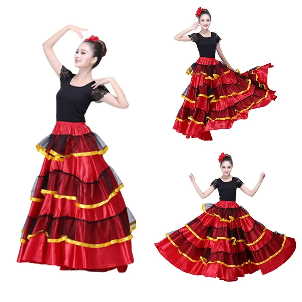 Gonna da flamenco spagnola liscia alla moda Grande altalena in poliestere Gonna altalena grande Festa Sala da ballo Danza Costumi di danza del ventre Danza