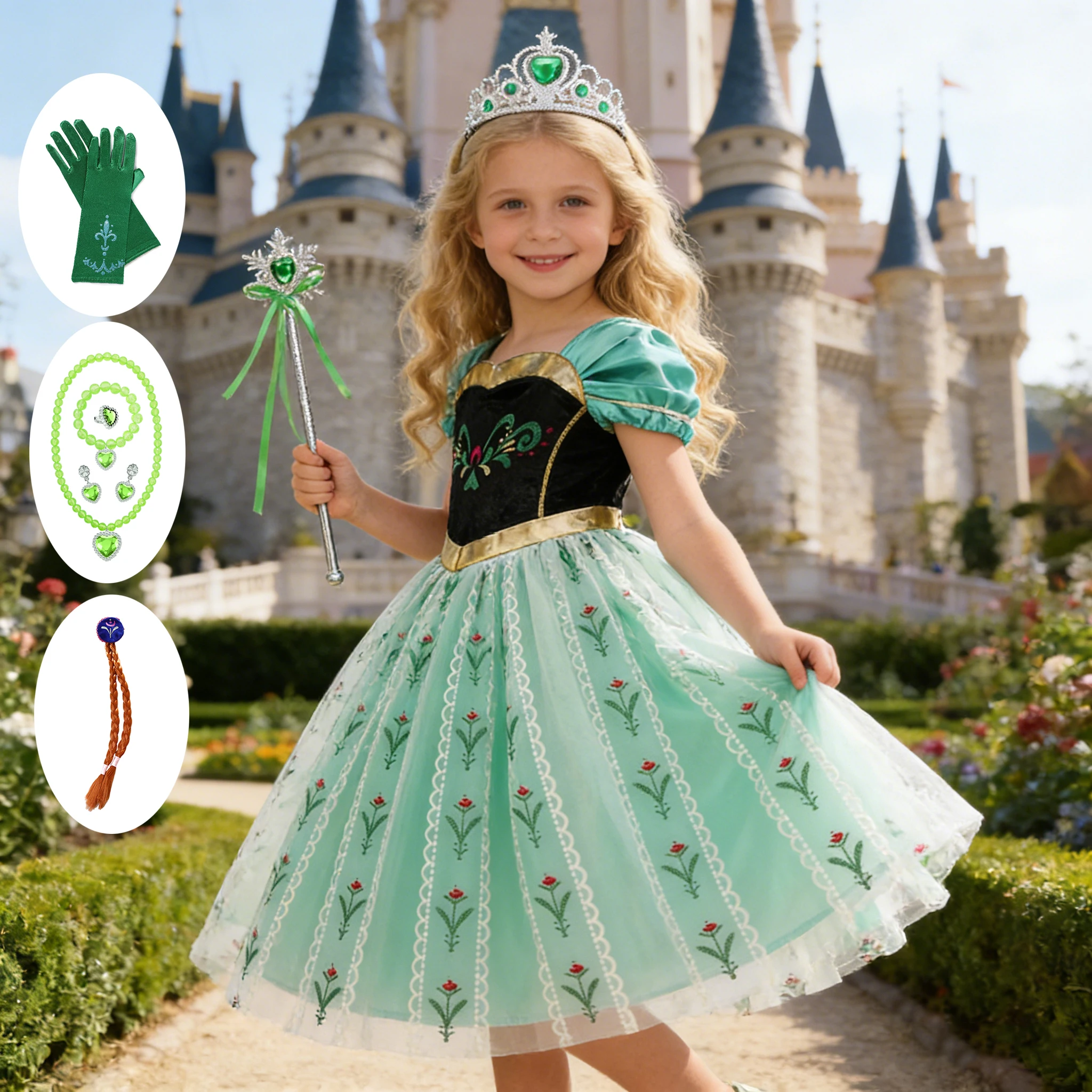 

Платье Эльзы и Анны для девочек, платье с короткими рукавами, платье Снежной Королевы с цветочным принтом, платье для косплея, дня рождения, детская карнавальная одежда