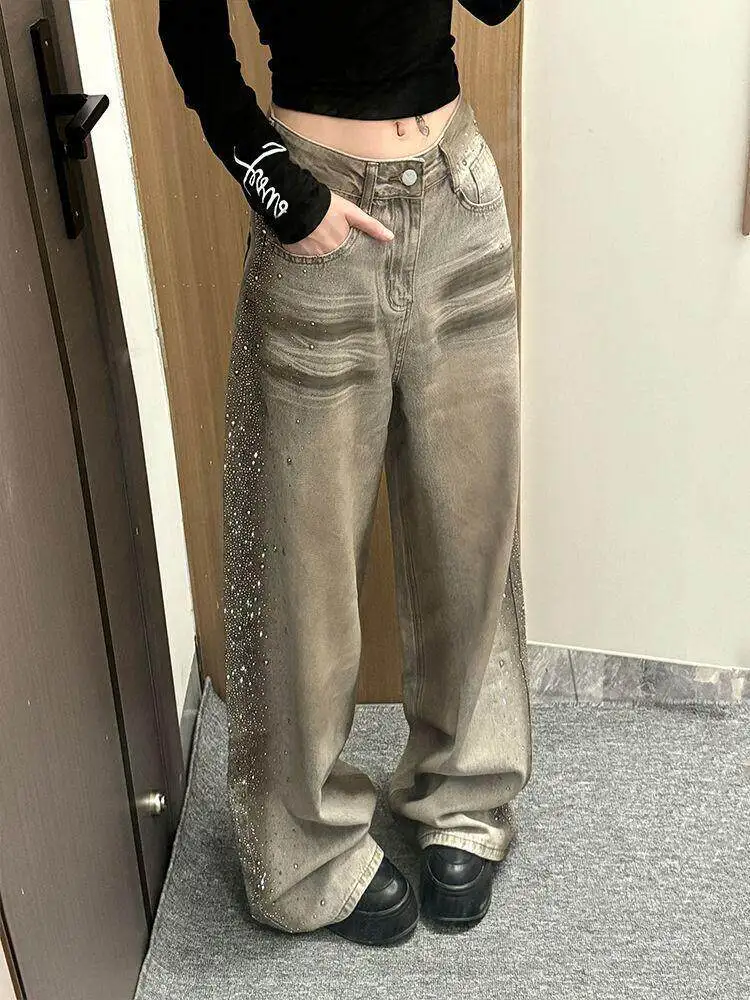 Women Jeans American Retro Side Rhinestone Floor Length Pants Summer New High Waisted Loose Straight Leg Denim Pants