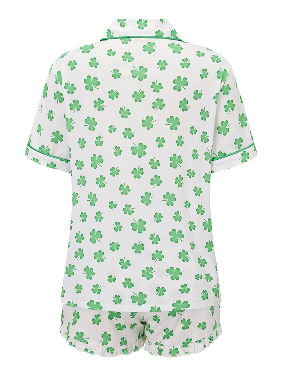 ผู้หญิงไอริช Loungewear ชุด Shamrock พิมพ์เสื้อแขนสั้นพร้อมกางเกงขาสั้น Ruffled ชุดนอน