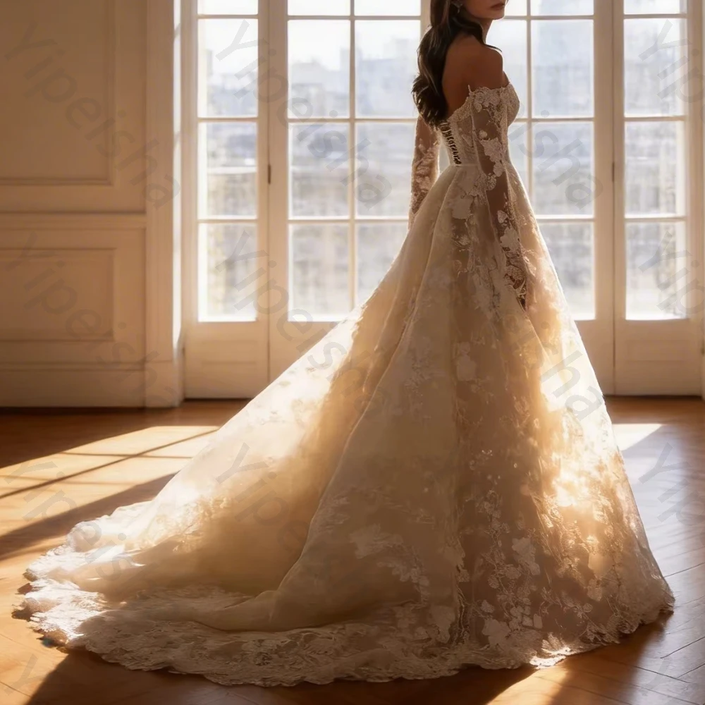 Customized Off Shoulder A-line Long Sleeves Wedding Dresses Sweetheart Charming Lace Decal Dress High Quality Prom Party Gowns