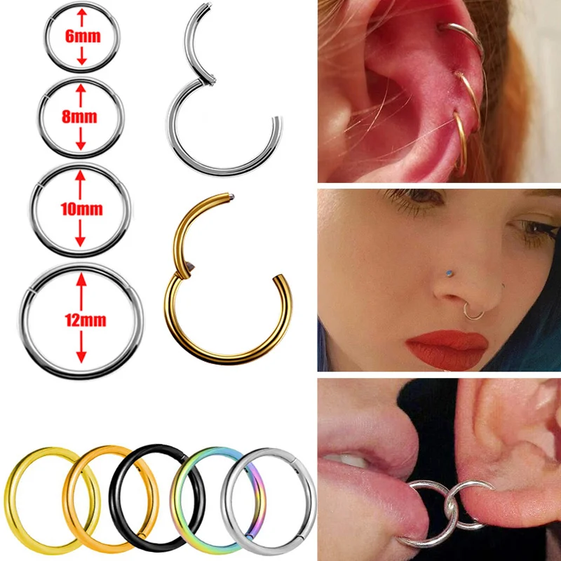 Nose Rings Hoop 6/8/10/12mm Hinged Clicker Segment Nose Rings Stud Ear Cartilage Ring Clips Stainless Steel Seamless Earrings