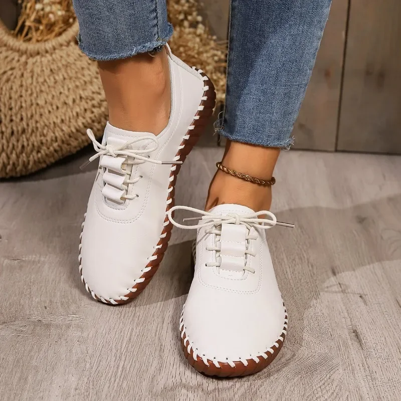 Sneakers Women Shoes Platform Loafers Lace Up Leather Flats 2024 Trend Spring Casual Mom Shoe Mujer Zapatos Chaussure Femme