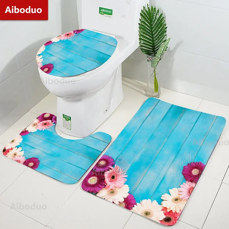 Flowers Landscape Wood Texture Bathroom 3Pcs/set Mats Home Flannel Decorations Accessories Floor Rug Toilet Cover 40*60/50*80 CM