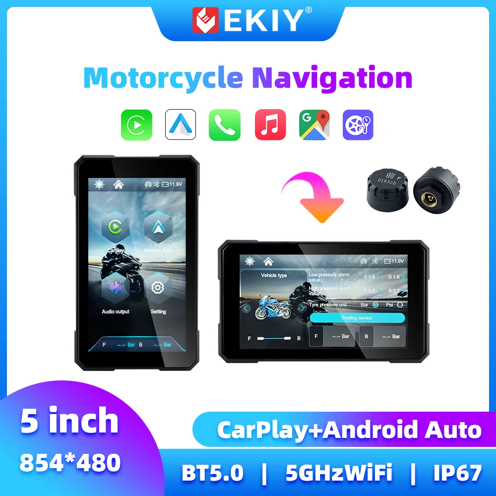 

EKIY 5 Inch Rotating Motorcycle Carplay Screen Navigation GPS Monitor Wireless Carplay Android Auto Motorcycle GPS Screen