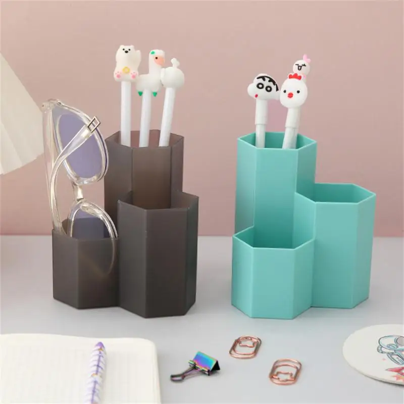 Simple Honeycomb Multifunctional Transparent Frosted Pen Holder Desktop Slanted Insert Makeup Storage Box Student Plastic Pen Ho