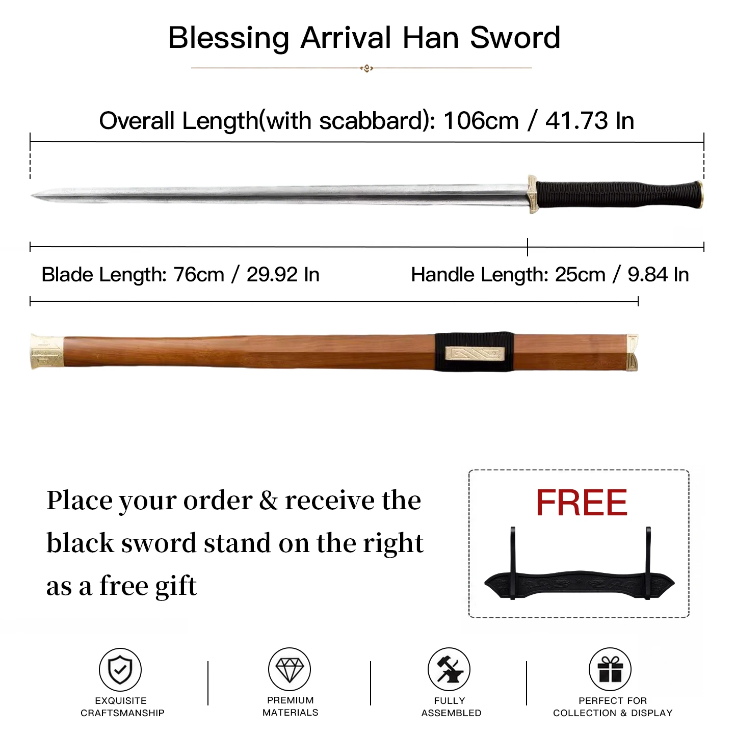 Handmade Blessing Arrival Han Sword Chinese Straight Jian Full Tang Forged Steel Blade Natural Wood Scabbard Collectible Martial