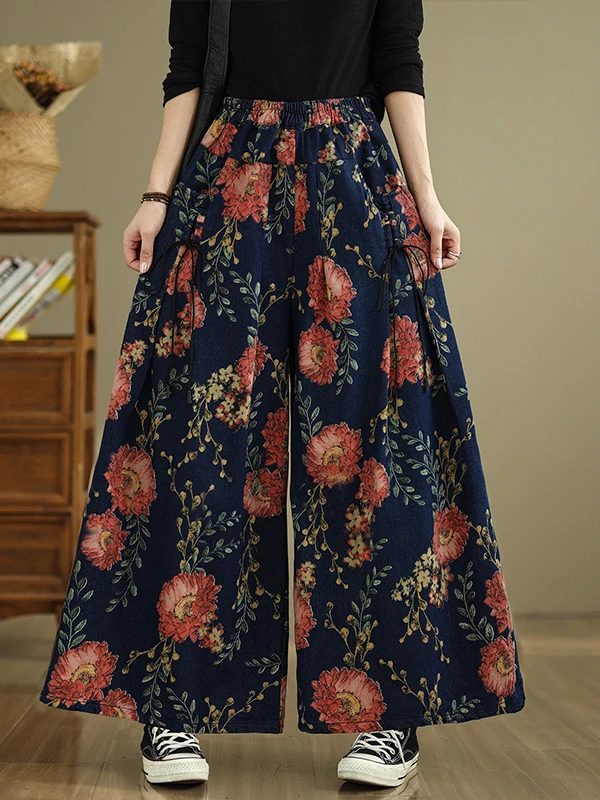 

New Chinese Style Wide Leg Jeans Loose Straight Pants Personalized Print Women's plus Size High Waist Cotton Blend Trousers