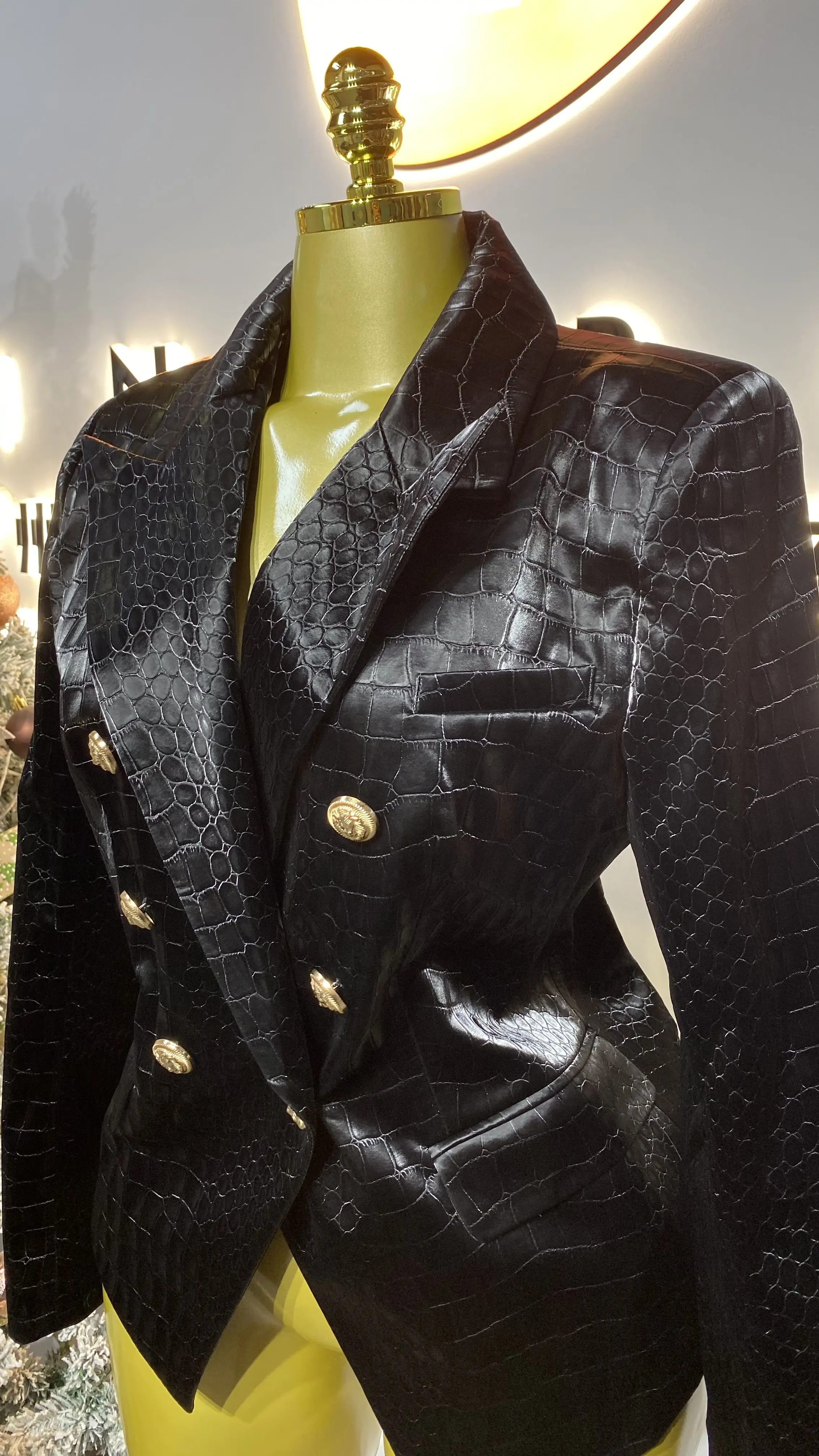 Luxury PU Women's Suit Jacket Style Double-Breasted Animal Crocodile Print Black Street Jacket-GZXX208