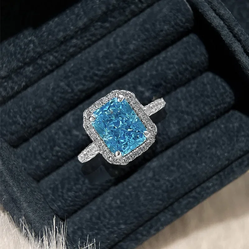 S925 Silver New European and American High Carbon Diamond Ring 7 * 9 Ice Flower Cut Sea Blue Diamond Engagement Female