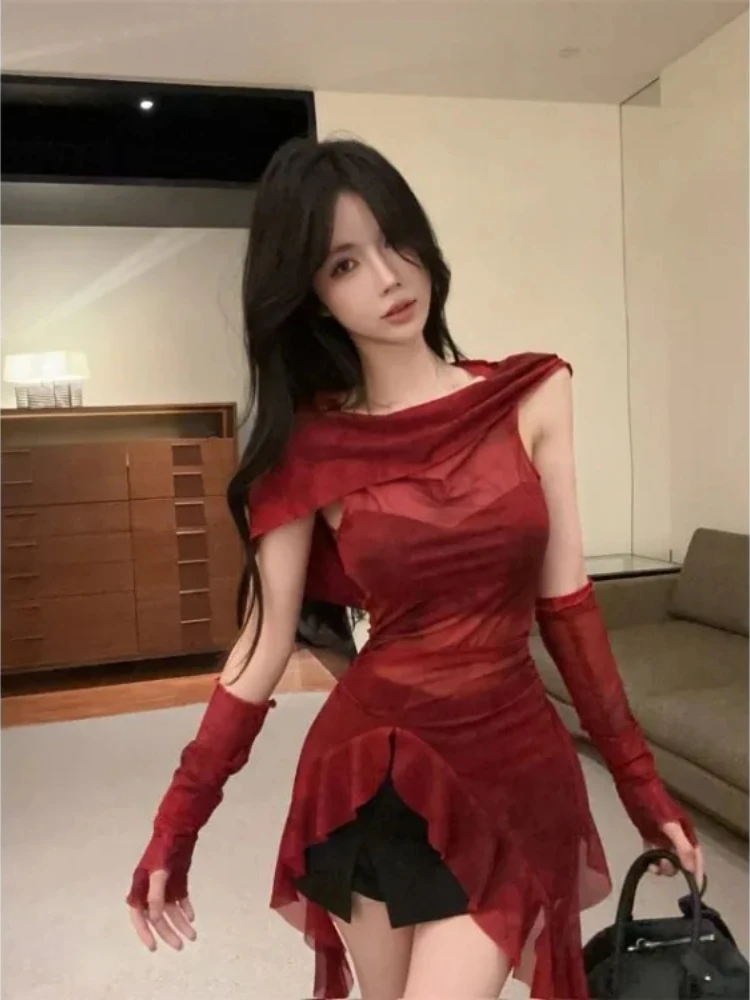 Y2k الكشكشة المرقعة هوديي سترة تي شيرت للنساء خمر الأحمر قاع القمم Mujer مثير غير النظامية سليم صالح