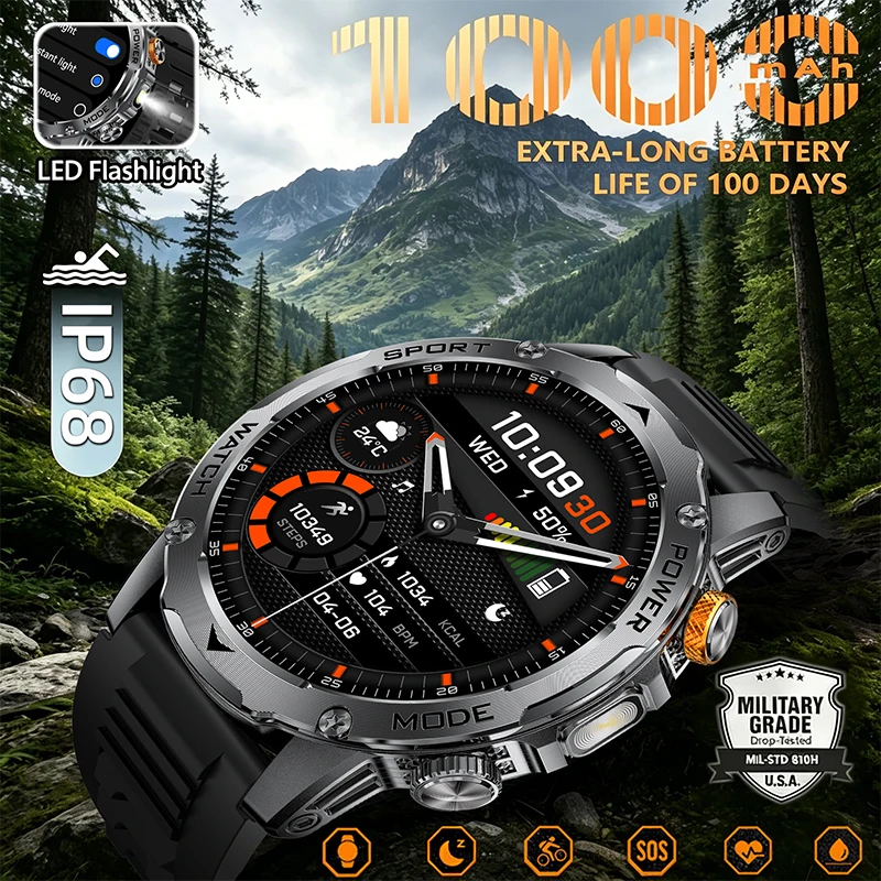 

2026 Military Smart Watch 1000mAh Battery Sports Tracker IP68 Waterproof LED Flashlight Bluetooth Call Heart Rate Smartwatch Men