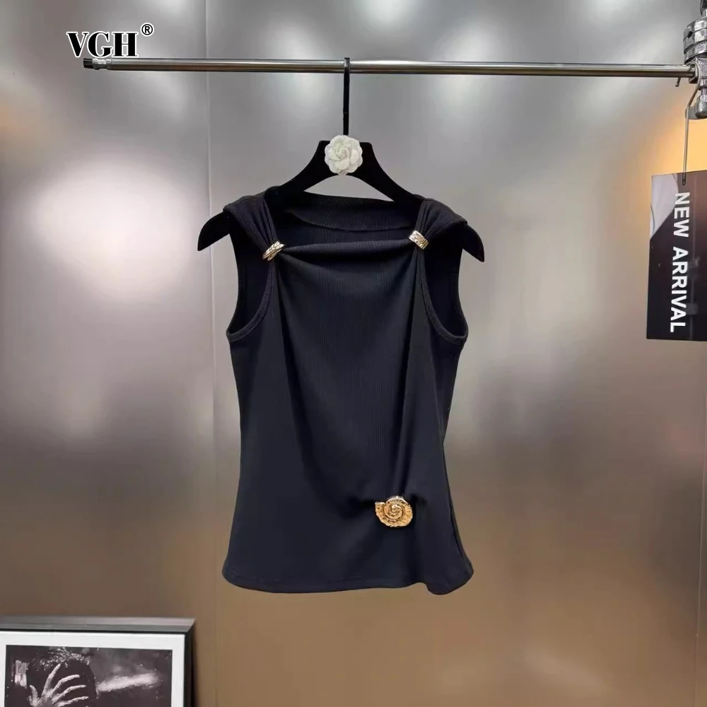 

VGH Casual Solid Spliced Metal Buttons Vest for Women Round Neck Sleeveless Slimming Knitted Tank Tops Female Summer Clothes New