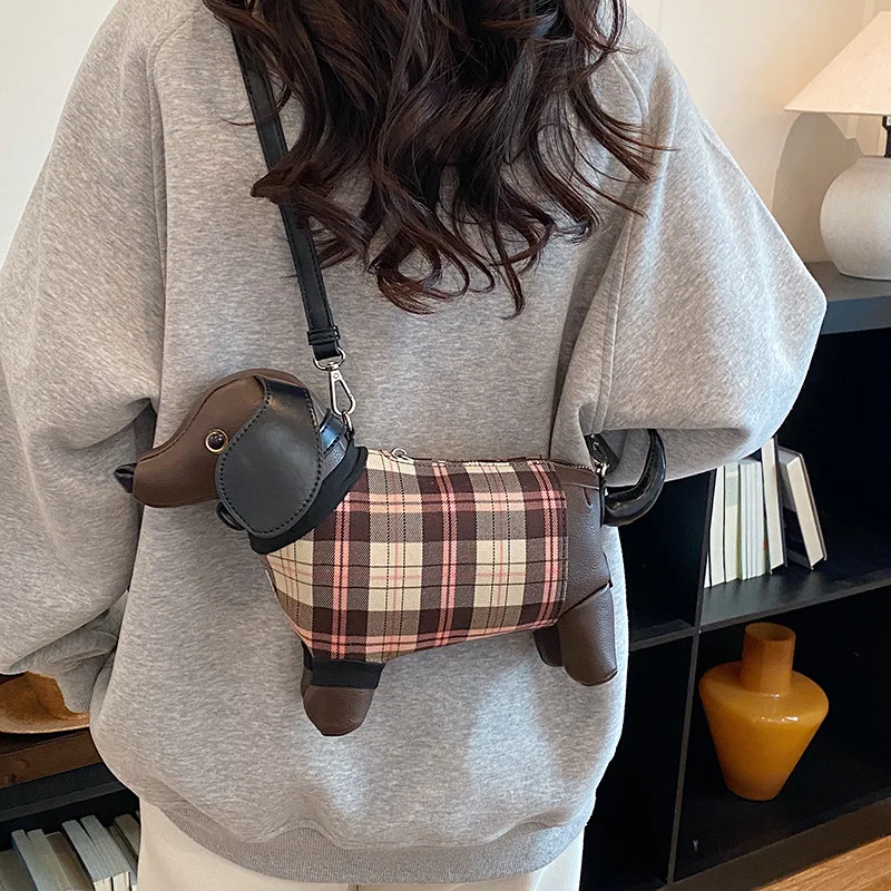 European and American Style Color-Blocked Plaid Handbag Cute Animal-Shaped Design Versatile Top-Handle, Shoulder & Crossbody Bag