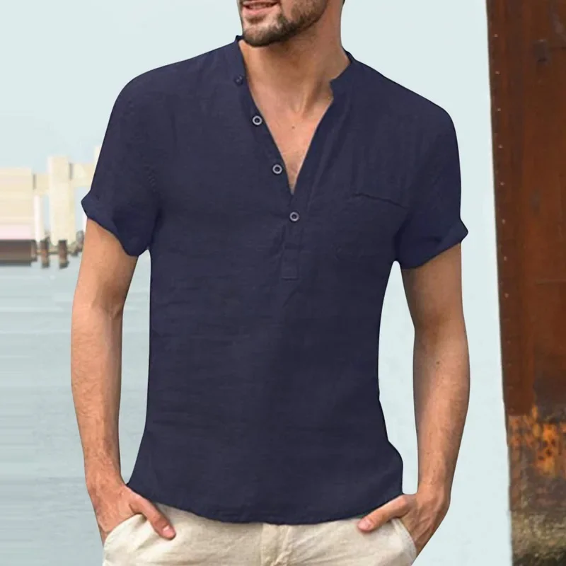 High Quality 2024 New Men'S Cotton&Linen V Neck Bandage T Shirts Male Solid Color Casual T-shirt Tops S-3XL