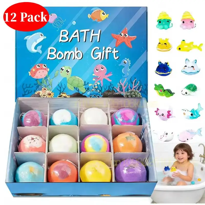 Paquete de 12 bombas de baño para niños, regalo para el baño con juguetes ocultos y sorpresa en el interior, baño de burbujas seguro con temática del océano para juegos sensoriales y diversión en el baño