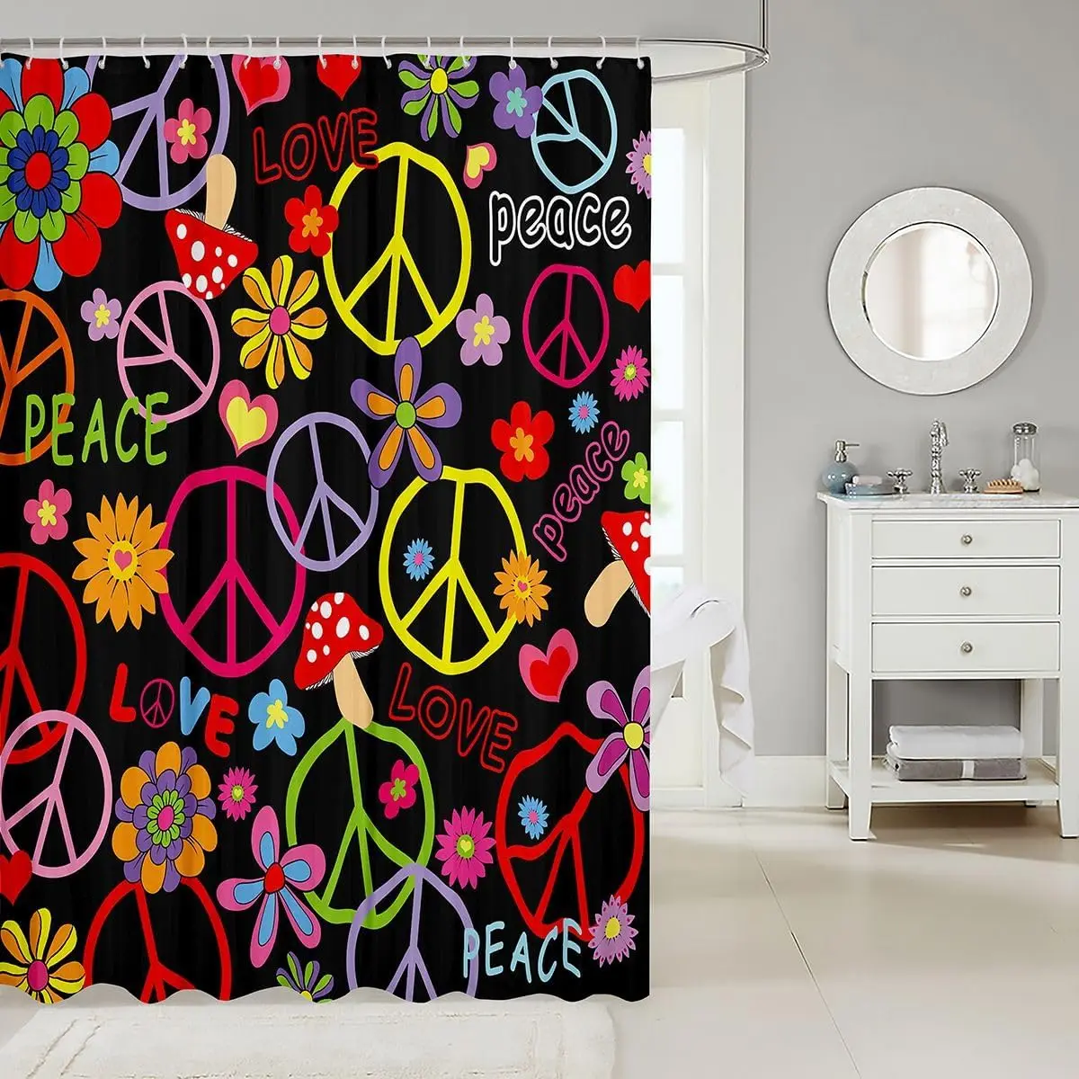 60s 70s Hippie Groovy Shower Curtain, Peace Sign Flower Power Retro Disco Farm Bathroom Curtain  With Hooks