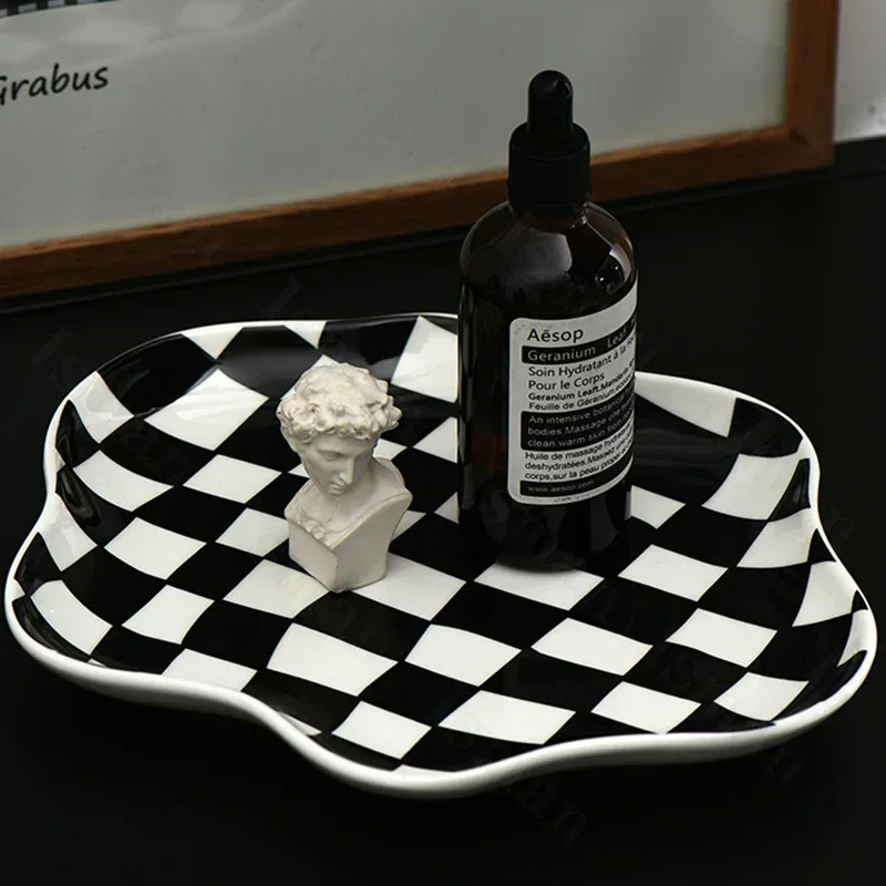 Nordic ceramic tray, creative black white check board, jewelry storage tray, decorative dessert plate, home