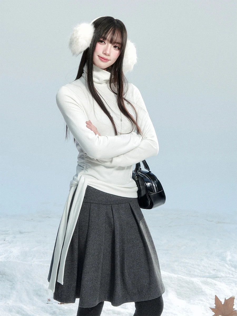 Retro Woolen Midi Skirt Asymmetric Pleated Versatile Early Autumn Fragile Heart Ladies mid Waist Polyester Fiber Lace Skirt