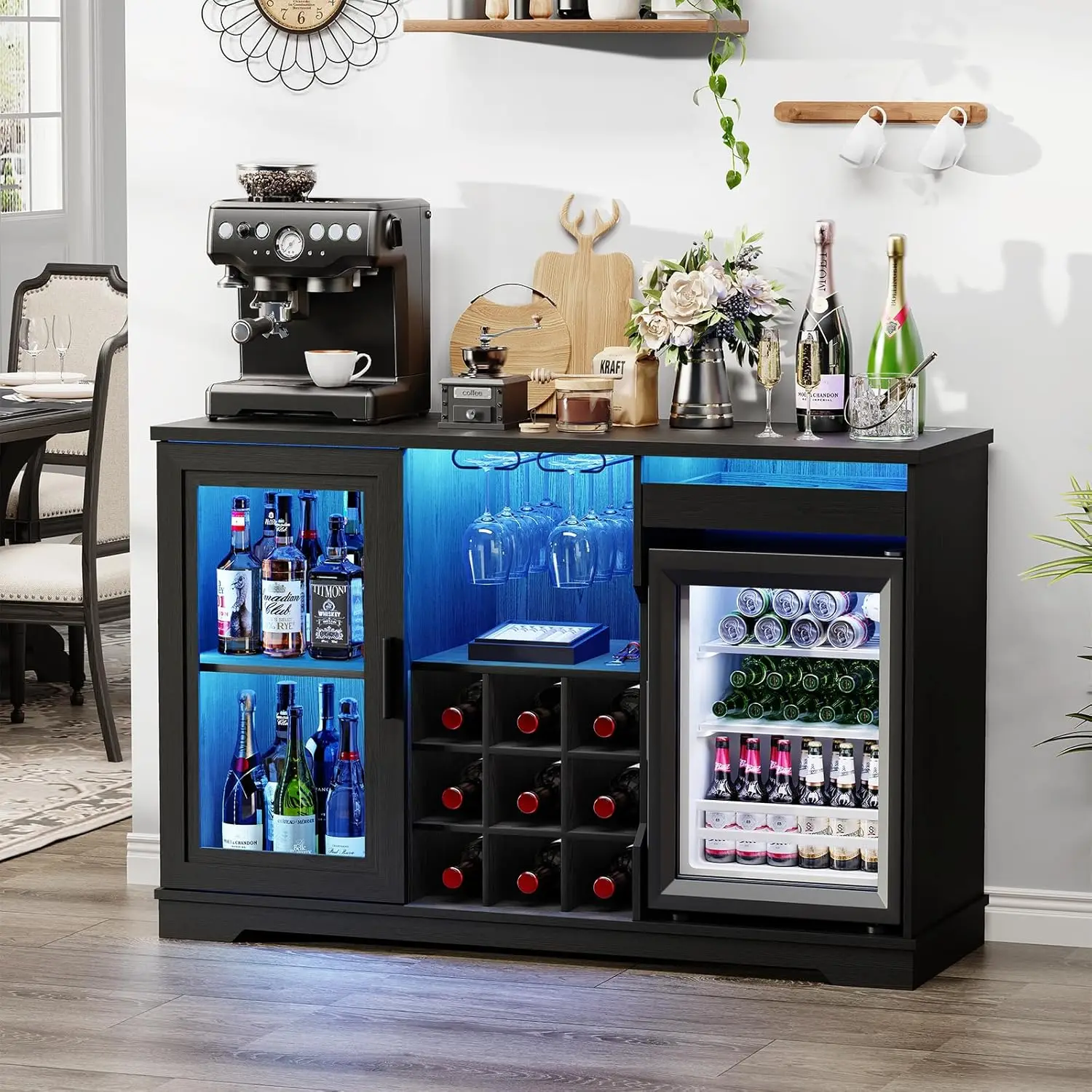 Coffee Bar Cabinet with Fridge (Fridge Included), Large Liquor Bar Cabinet with LED Lights, Glass Holder & Wine, Customized