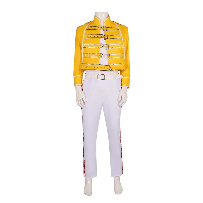 

Anime Cosplay Anime Queen Lead Vocals Freddie Mercury Cosplay Costume Yellow Leather Jacket Coat Unisex Halloween Carnival 72th