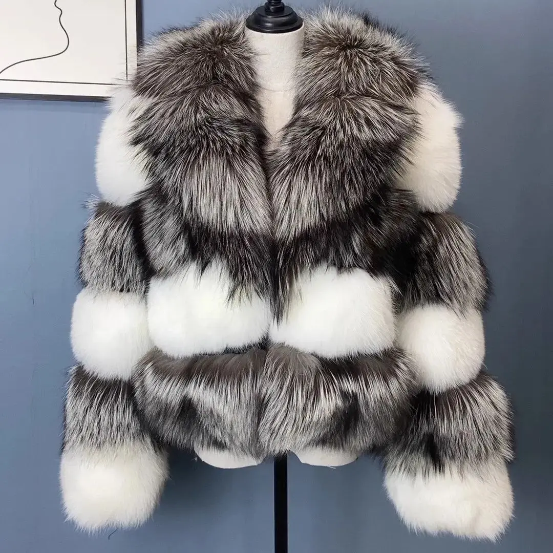 Women's Fall Winter Luxury Natural Fur Coat Ladies Fashion Real Fox Fur and Red Fox Silver Fox Fur Mixed High Quality Fur Jacket