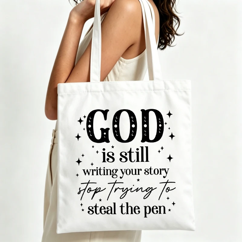 Women's slogan-style graphic canvas tote bag, casual typography print for daily shopping and casual outings