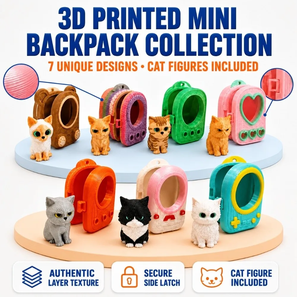 PLA 3D Printed Keychain Vibrant Shades Rigid Shell Mini Backpack Pendant Lightweight Build Smooth Finish Micro Kitten Bag