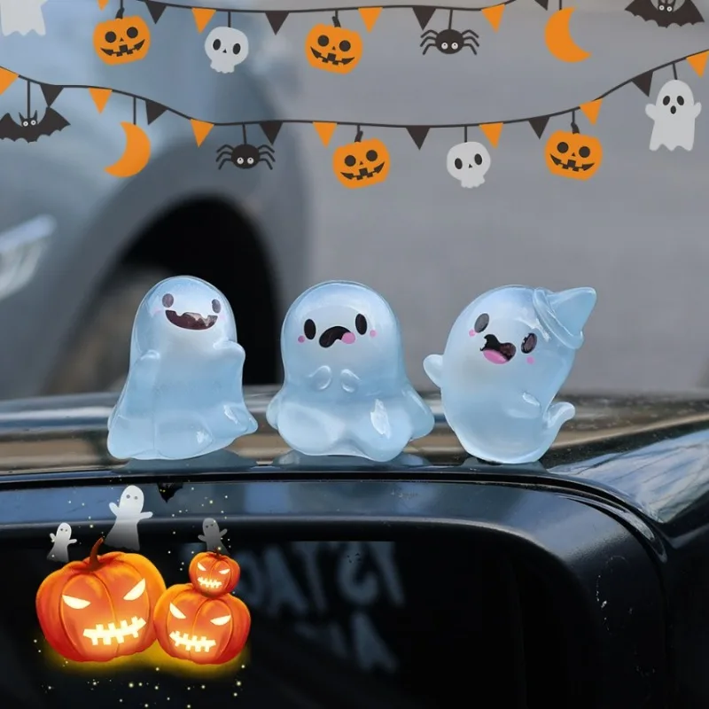 Halloween Luminous Ghost Car Ornaments Car Keychain Pendant DIY Resin Ornament Micro Landscape Desktop Decorative Accessories