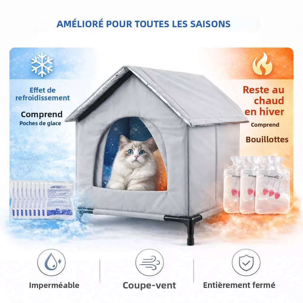 Maison pour chat imperméable toutes saisons avec abri pliable pour l'hiver chaud et l'été frais, pour une utilisation en intérieur et en