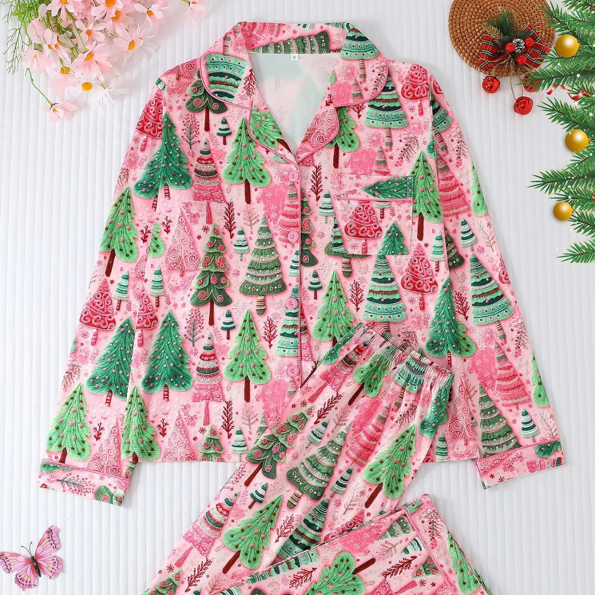 Women Pijama Christmas Tree Print Trouser Pajama Set Long Sleeve Button Down Top And Pants Ladies Xmas Home Sleepwear Pyjamas