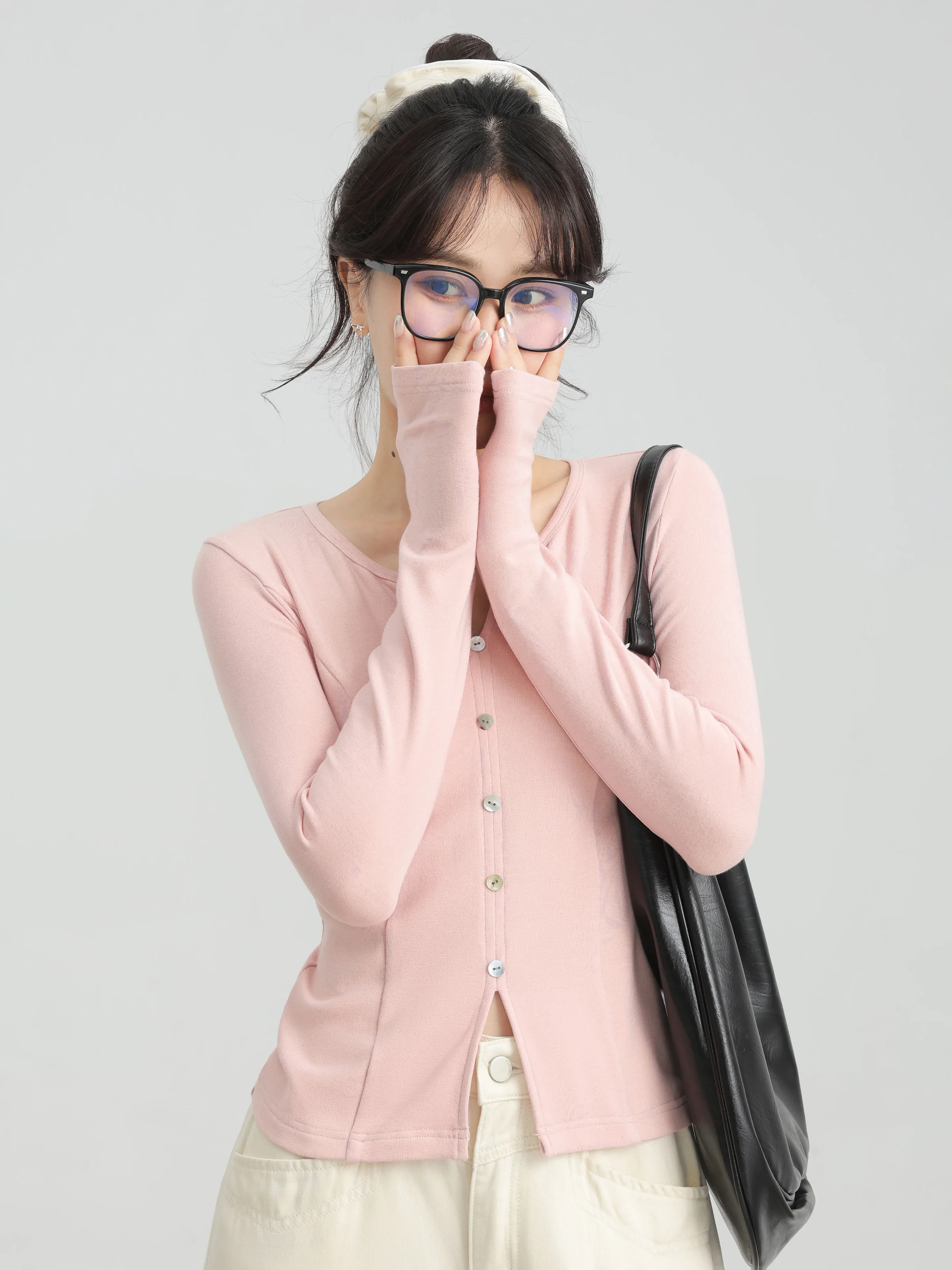 الخامس الرقبة سليم صالح متماسكة الأعلى للنساء كم طويل بسط تي شيرت غير رسمي لينة الصوف مثل مضلع بلوزة ملابس يومية طبقات أنيقة #4