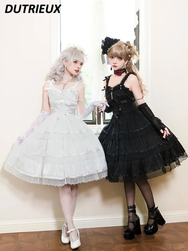 Original Solid Color Gothic Style Wedding Women's Short Dresses Summer Autumn Sweet Cute Black White JSK Lolita Dress for Lady