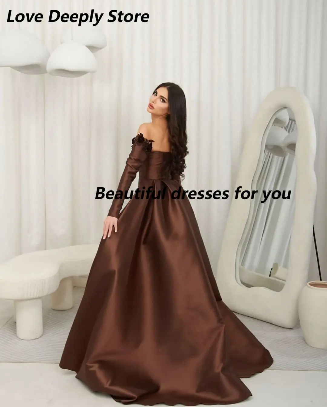 Customized Off The ShoulderBeadings Flowers Evening Dresses Long Sleeves Floor Length Prom Dresses Backless Party Dresses