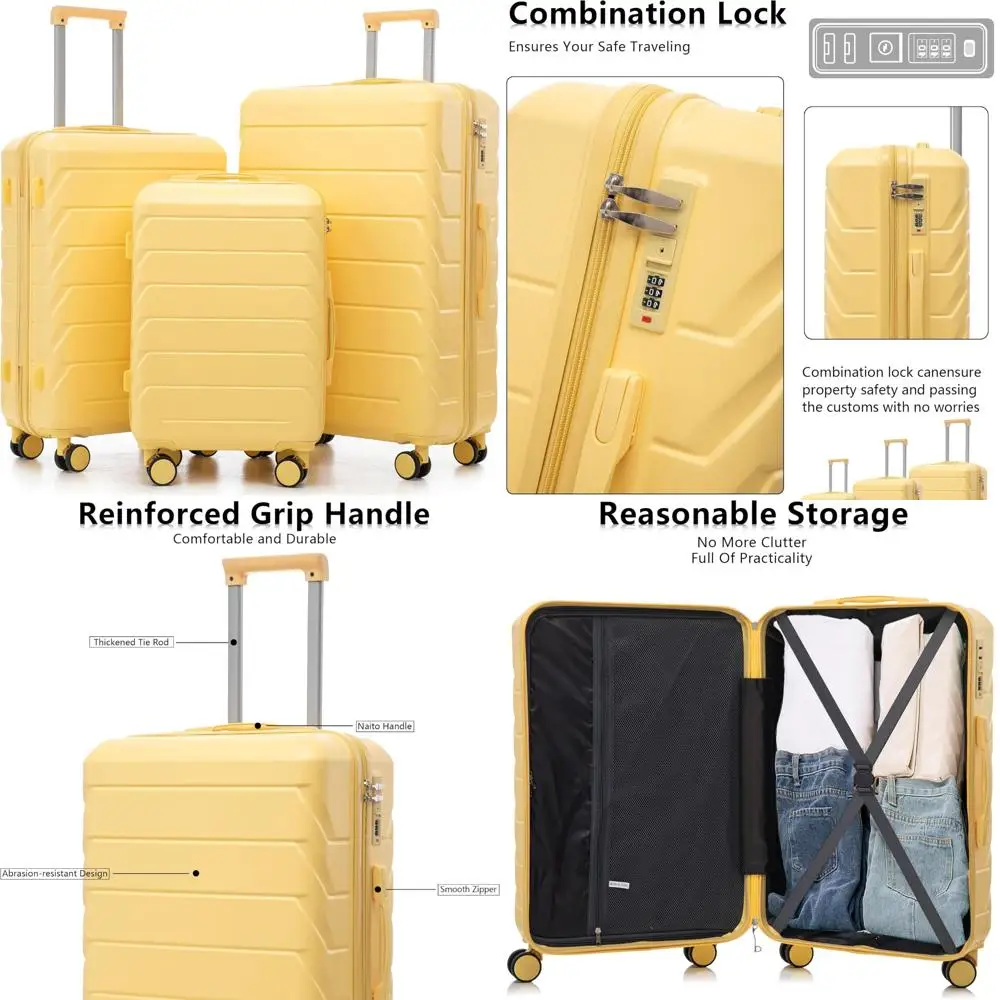 

3-piece luggage set with abs hardshell spinner suitcases, combination lock, vertical stripes in yellow, sizes 20/24/28 inch