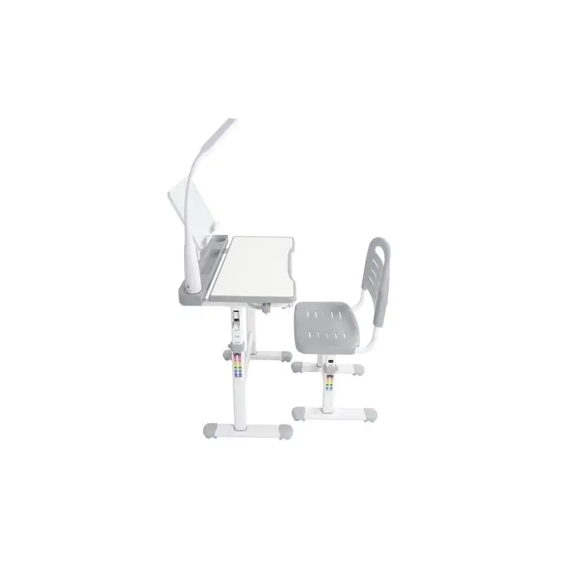 Adjustable Height Desk and Chair Set with 40-Degree Tiltable Desktop, LED Light and Bookstand, Grey Color