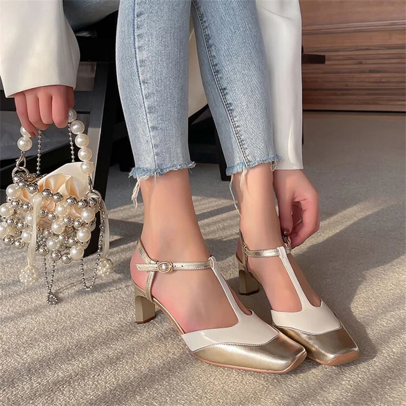 

New Mixed Colors Women Shoes Buckle Strap Square Toe Leisure Sweet Women's Sandals Genuine Leather Hand-made High-heeled Sandals