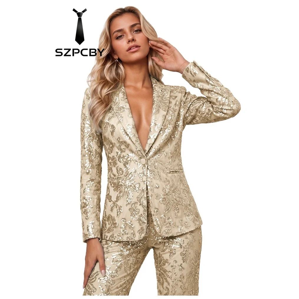 Sequin 2 Piece Womens Suit Floral Applique 1 Button Sparkling Shiny Long Sleeve Suits for Women for Evening Party Prom