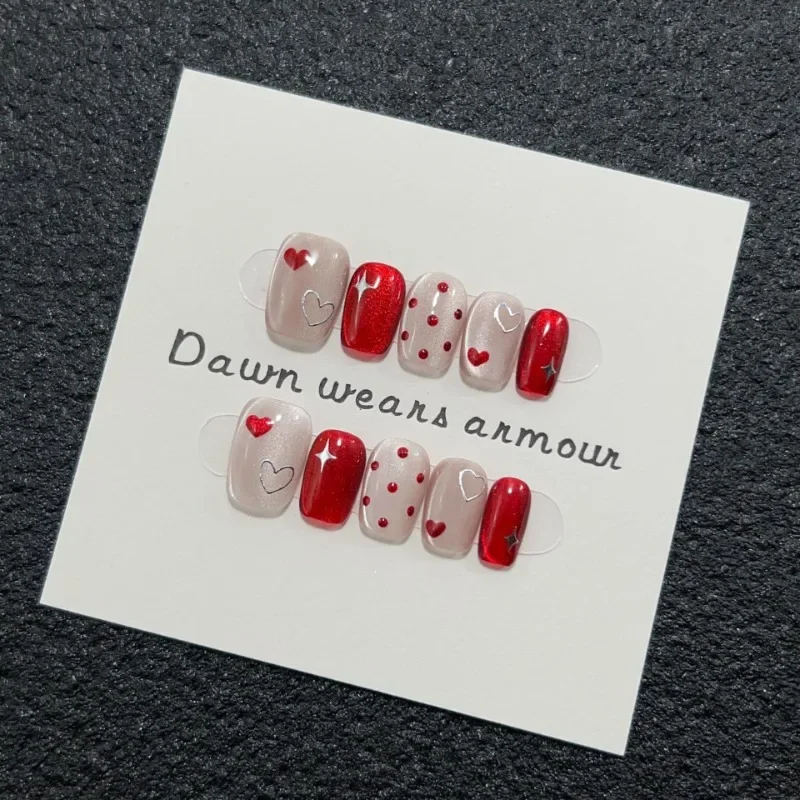 10pcs Handmade Short Cat Eye Love Dot Red Removable Christmas Press on Nails Acrylic Cute Fake Nails Sweet False Nails for Hands