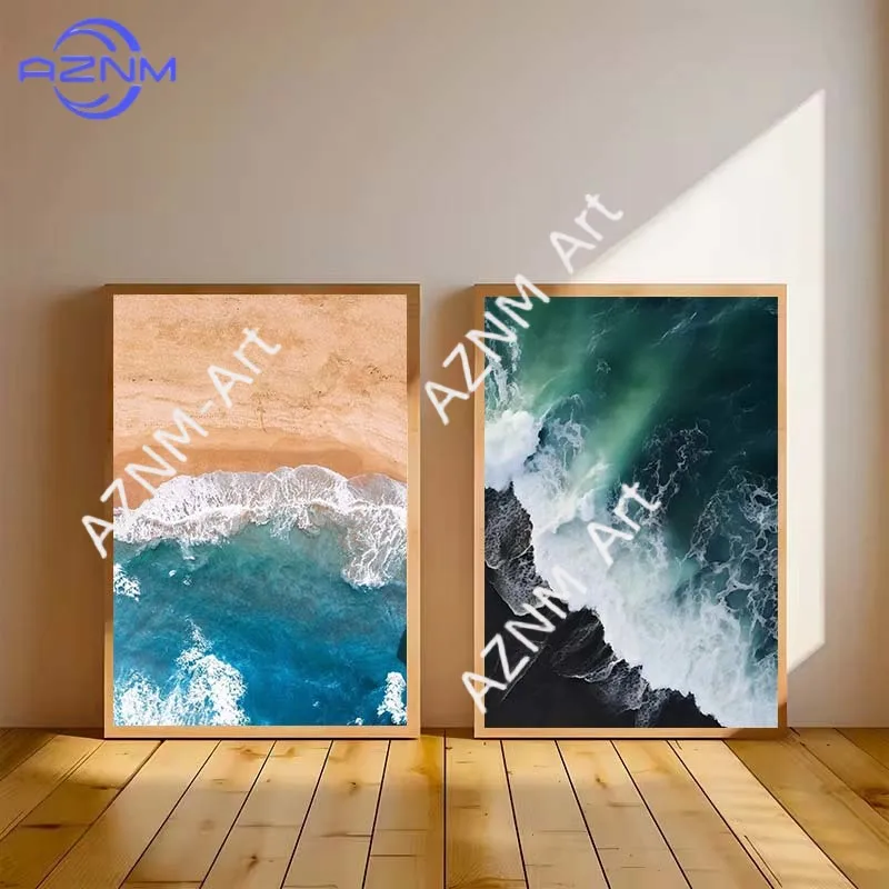 Póster nórdico moderno y refrescante con paisaje marino, olas del océano, pintura en lienzo, imagen artística de pared para decoración de sala de estar sin marco