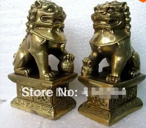 Chinese Foo Dog Lion Fu Bronze Statue Pair Figurines Feng Shui Items Oriental sz:11x6x8.3cm