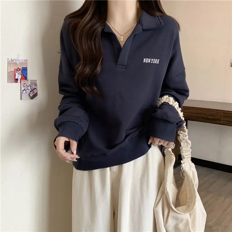 Casual Polo-Neck Loose Sweatshirts Women\'s Clothing Letter Printed Basic Spring Autumn Streetwear Korean Long Sleeve Pullovers