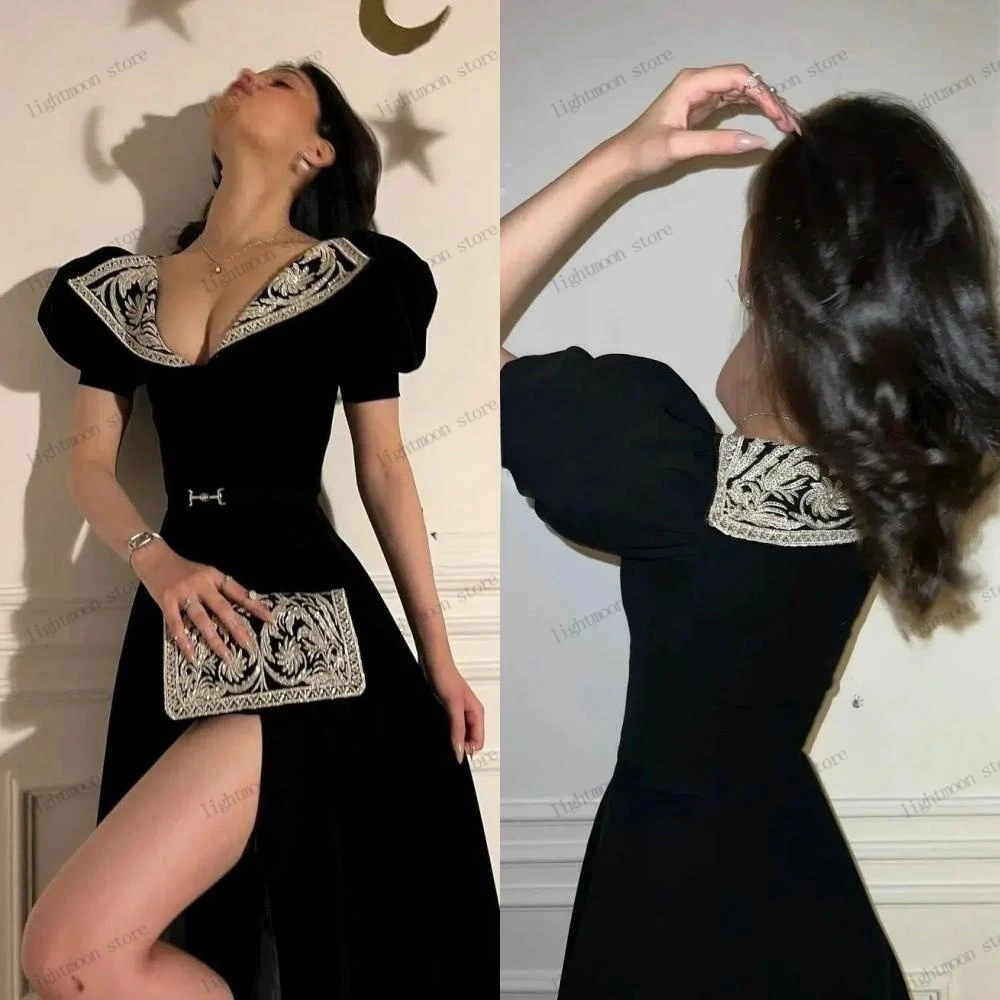 Vestido De noche clásico De tafetán, prenda sencilla con cuello en V, mangas cortas abullonadas, corte en A, abertura alta, para fiesta De Gala