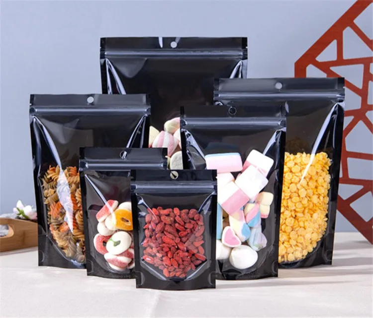 100pcs Stand Up Clear Front Glossy Black Zip Lock Bag Resealable Snack Candy Coffee Beans Powder Dates Gifts Packaging Pouches