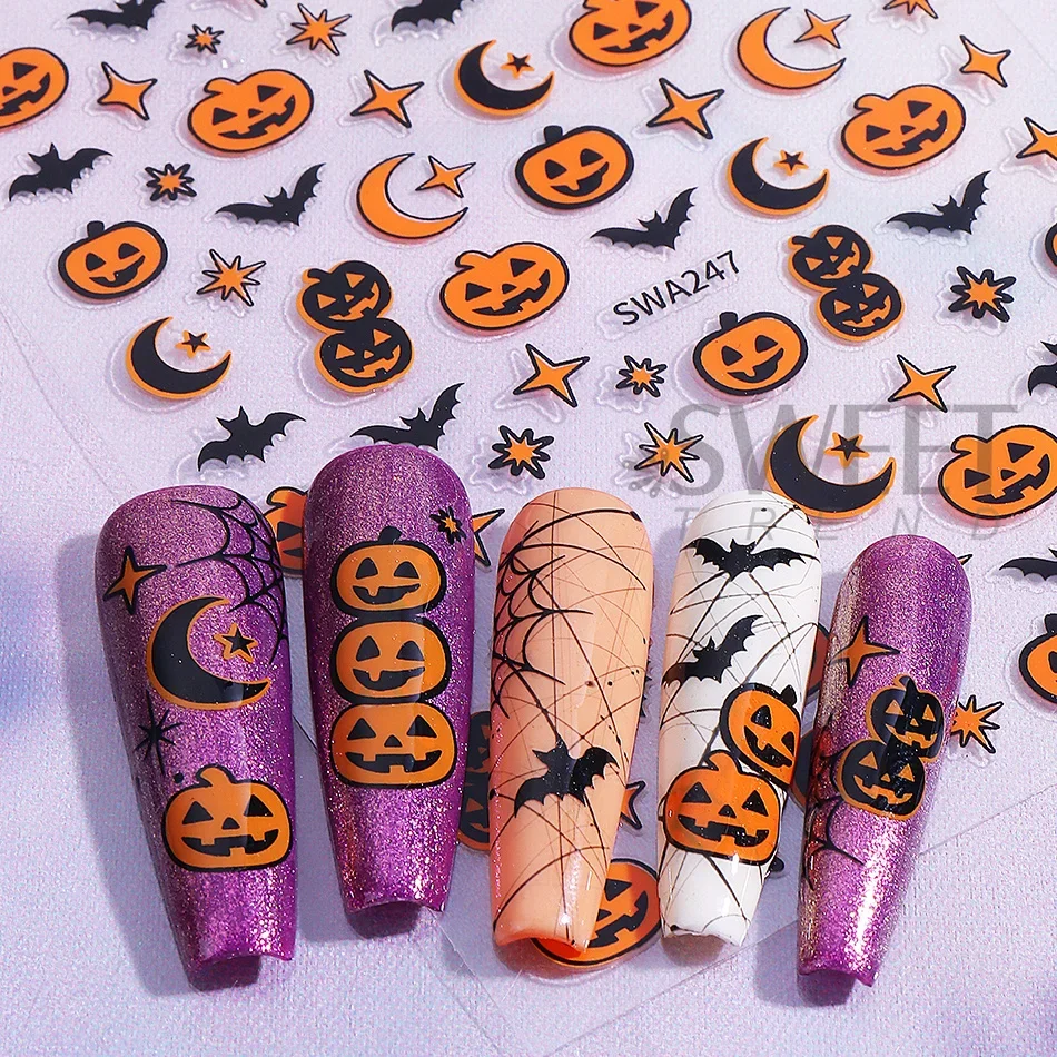 2 Stück Halloween-Nagelaufkleber, niedliches Cartoon-Design mit Kürbis, Fledermaus, Spinnennetz, Stern, Mond, selbstklebende Nagelaufkleber, Maniküre-Dekorationen – Detail 6