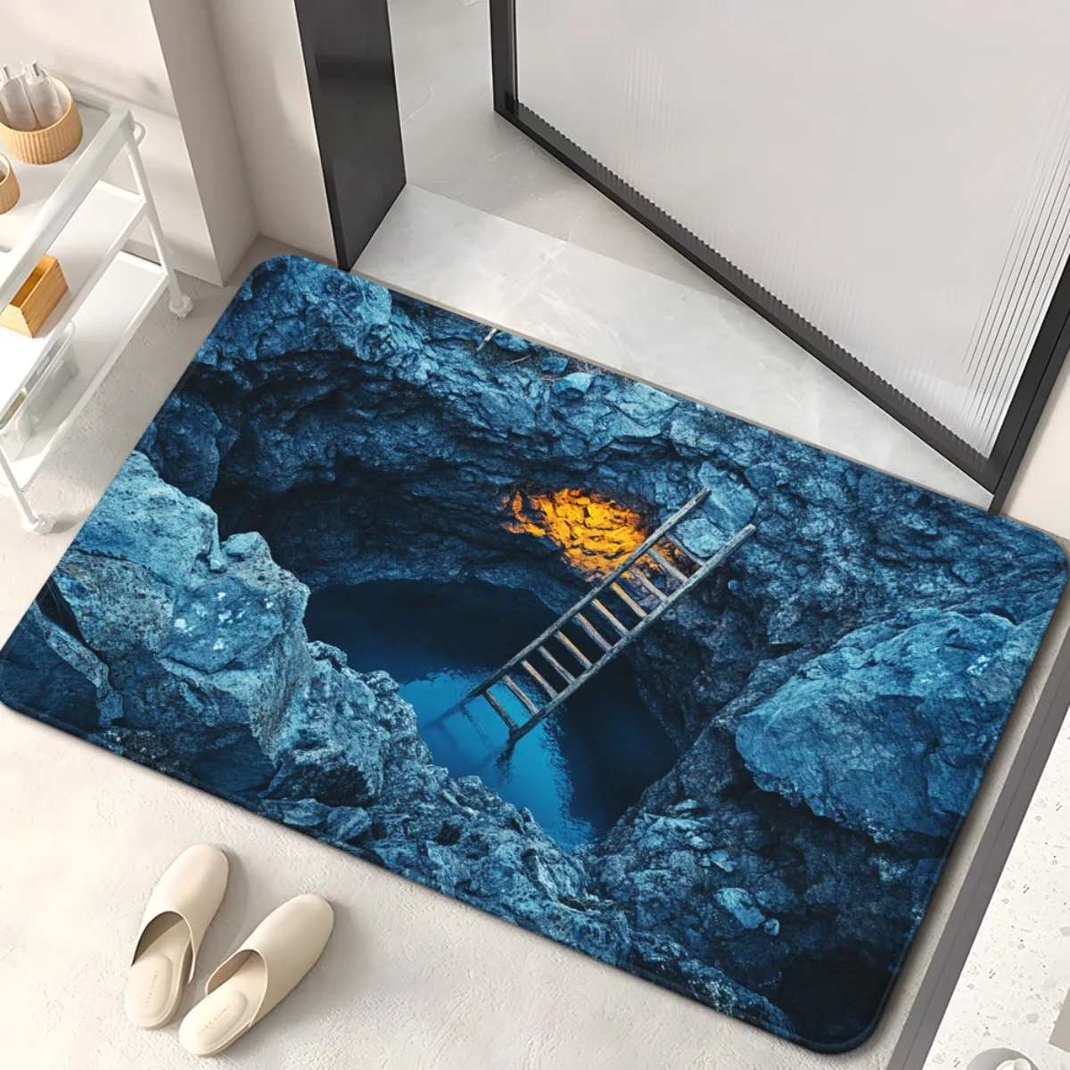 1pc Cave Ladder Deep Blue Underground Door Mat Adventure Theme Rug 3D Effect Anti Slip Indoor Floor Mat Home Decor